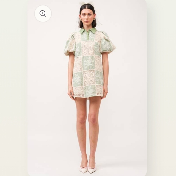 Sofie The Label Carmine Green Cream Crochet Puff Short Sleeve Mini Dress - Picture 13 of 13